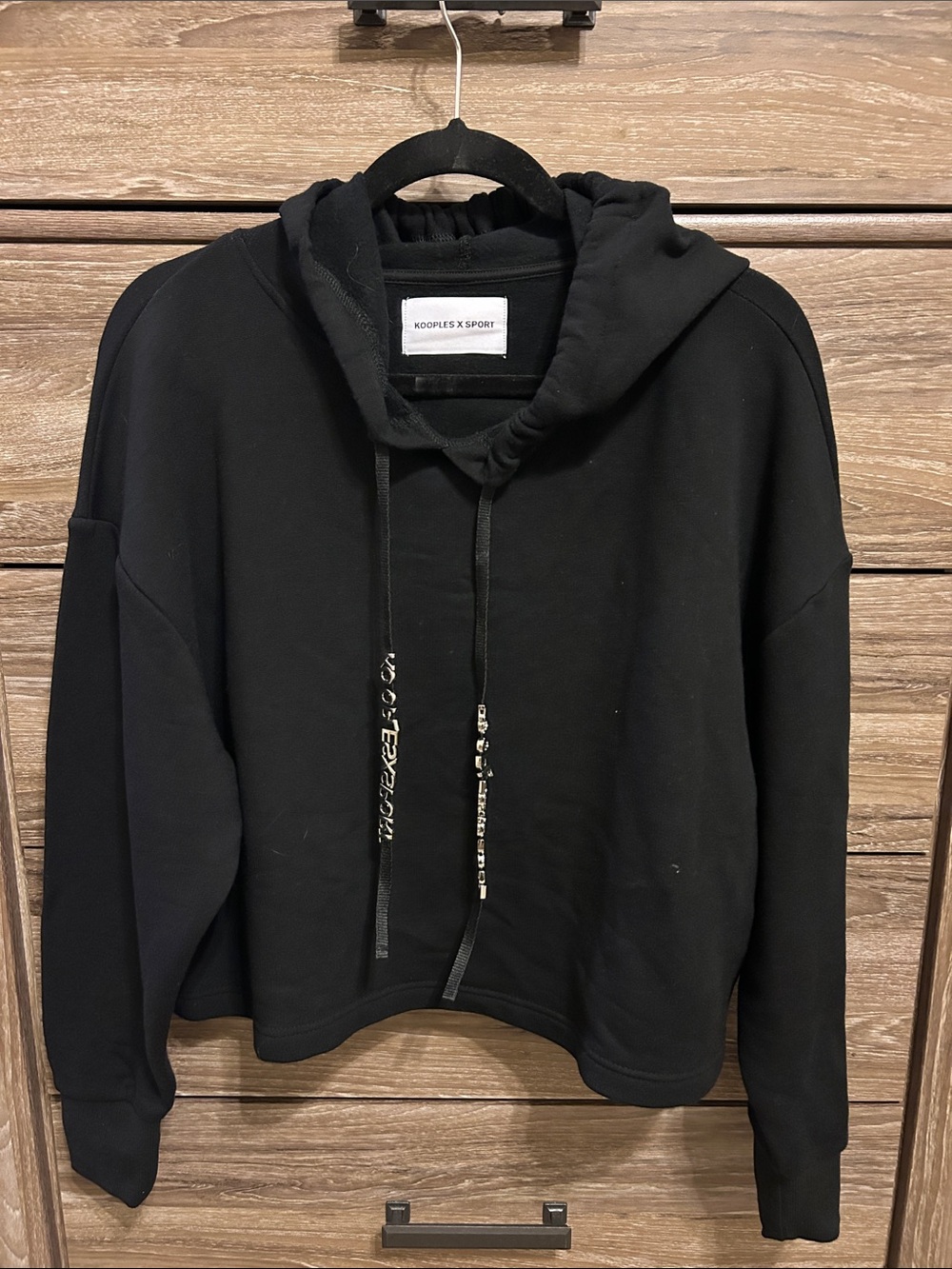 NWT sz M KOOPLES Black Cropped Hoodie Fleece Jacket with jewelry ties